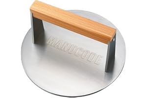 Manucode Smash Burger Press 8 Inch, 3.1 Lb Burger Smasher, Heatable for Searing Panini, Steak, Chicken, Salmon, Stainless Steel Bacon Press, Flat Bottom, Seasoning Free, Wooden Handle No Spin