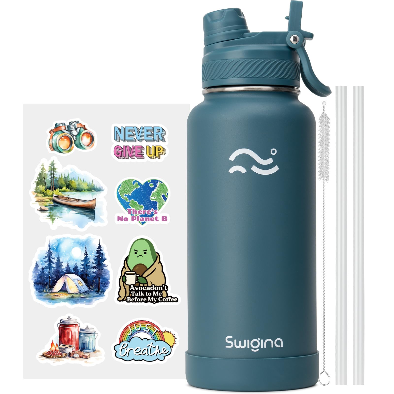 Photo 1 of Swigina [2-IN-1 LID] Insulated Water Bottle with Silicone Boot (36hrs Cold/18hrs Hot) - DIY Stickers, Leakproof, BPA Free, 32 oz
