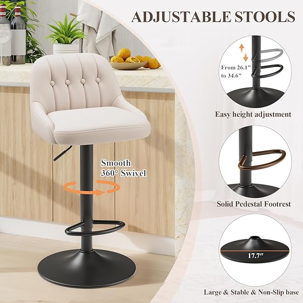 MALOL BAR STOOLS SET OF 3, SWIVEL BAR CHAIRS, MODERN ADJUSTABLE PU LEATHER UPHOLSTERED BARSTOOLS COUNTER HEIGHT WITH TUFTED BACK FOR BAR, KITCHEN COUNTER ISLAND, DINING ROOM, BEIGE