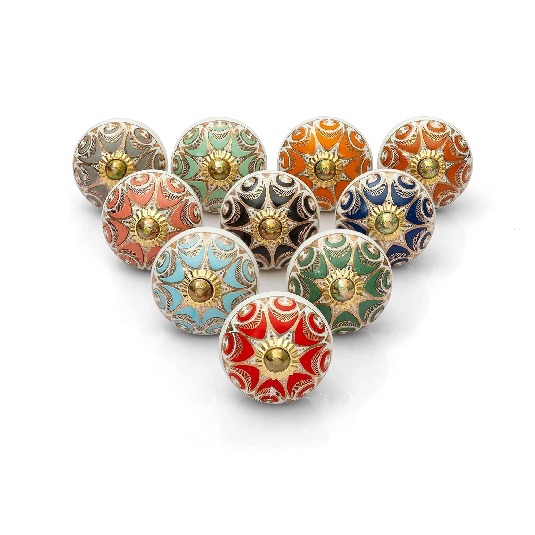 Rasiya Art Ceramic Boho Knobs for Chest of Drawer - Decorative Assorted Round Cabinet Knobs for Dresser, Kitchen, Cabinets, Door, Wardrobe and Drawer - Multi Colour - Pack of 10