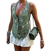 Women Y2k Sequin Cowl Neck Halter Top Beaded Rhinestone Backless Tank Shirt Sparkly Pearl Low V Neck Party Crop Top