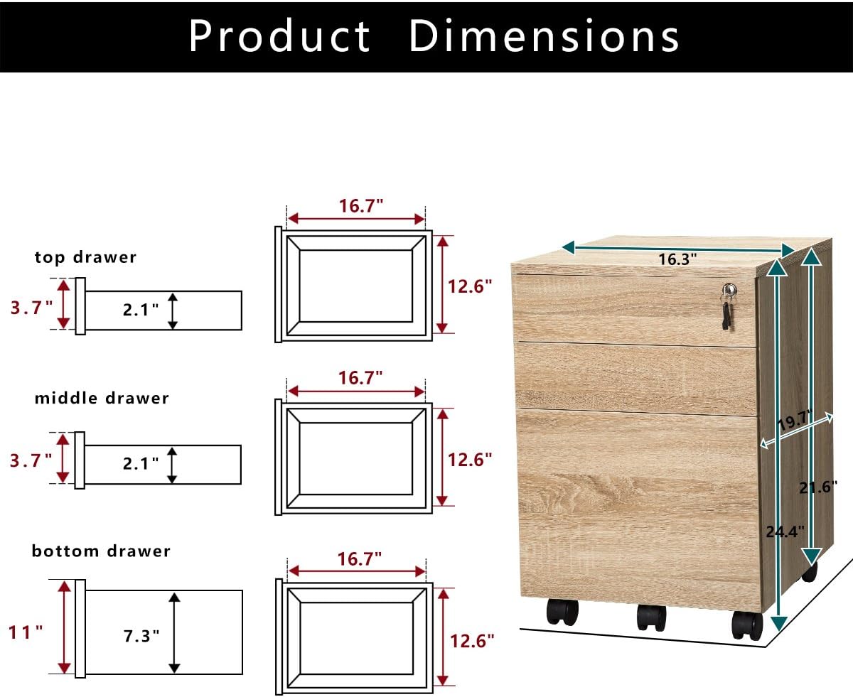 TOPSKY 3 Drawers Wood Mobile File Cabinet Fully Assembled Except Casters (Oak Letter Size) : Office Products