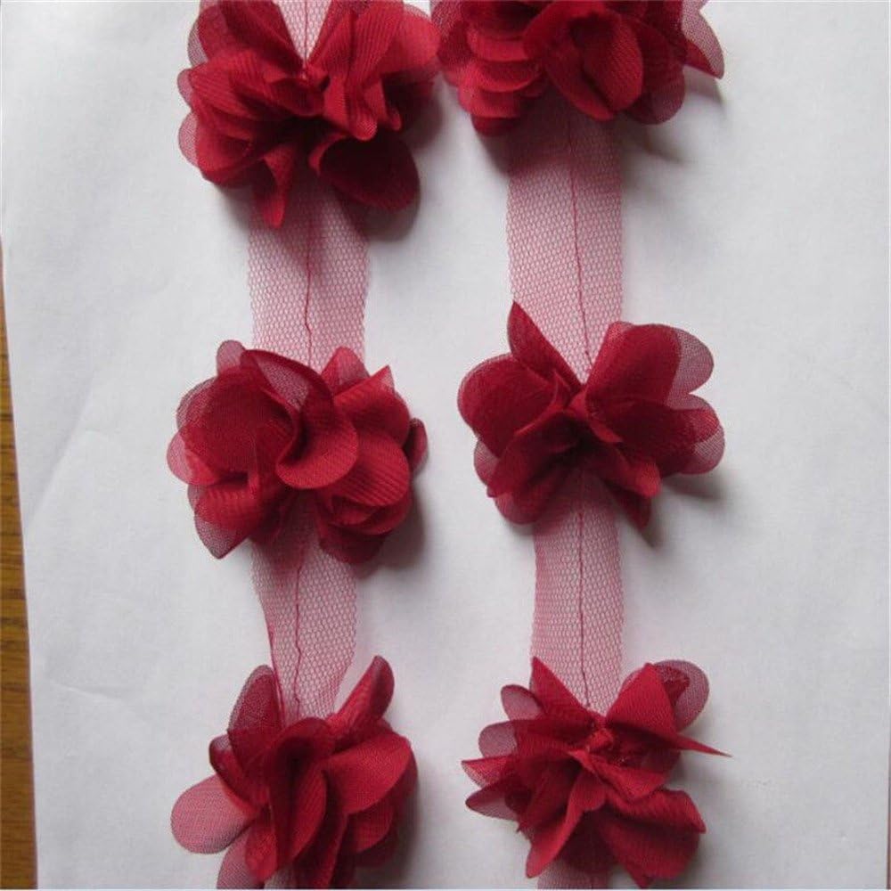 1 Yard Flowers 3D Petals Chiffon Leaves Lace Edge Trim Ribbon 5 cm Width Vintage Style Colourful Edging Trimmings Fabric Embroidered Applique Sewing Craft Wedding Bridal Dress Embellishment DIY Decor
