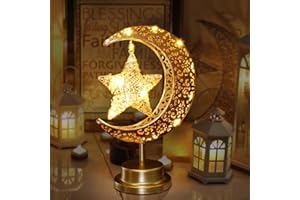 Homeleo Rustic Moon Lamp for Ramadan Decorations,Battery Operated Metal Rattan Star Moon Ramadan Lights for Home Bedroom Decor Boho Farmhouse Kitchen Dinner Ramandan Table Desk EID Mubarak Decorations