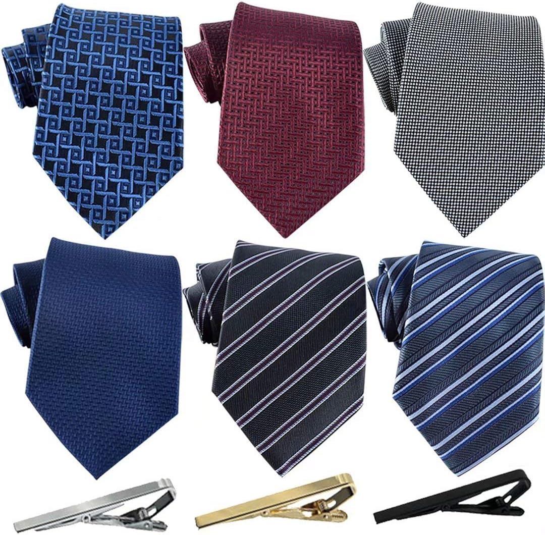 Jeatonge Lot 6 Pcs Mens Ties and 3 Free Tie Clips, Men's Classic Tie Necktie Woven Jacquard Neck Ties Gift box packing (Style 2)