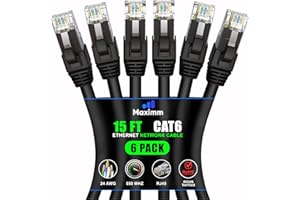 Maximm Cat 6 Ethernet Cable 15 ft (6-Pack) - High-Speed LAN Cable, Internet Cable, Patch Cable, and Network Cable - UTP, 10Gb
