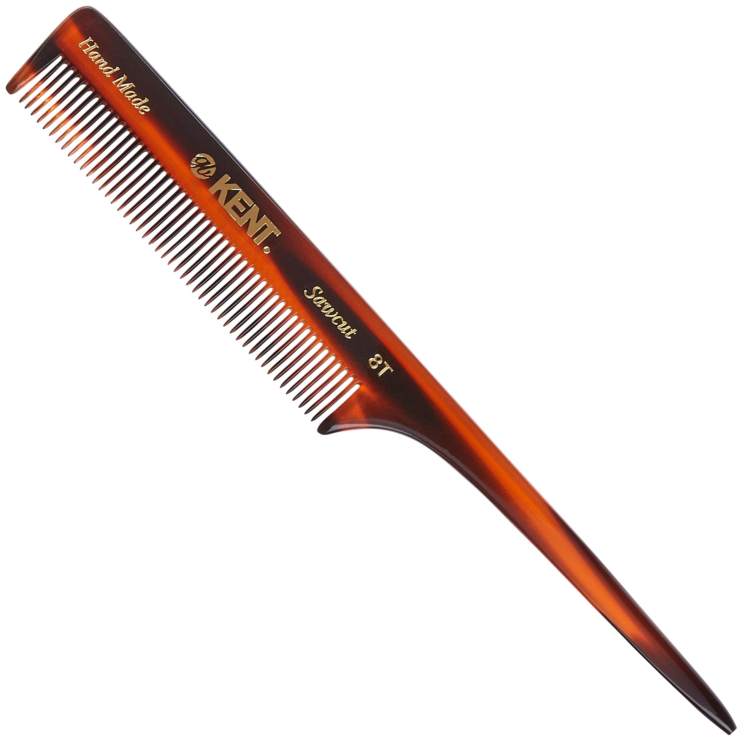 Kent Handmade 190mm Tail Comb A 8T – Hand-Sawn Cellulose Acetate Comb for Fine Hair, Precision Sectioning, Smoothing & Styling