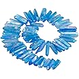 SUNYIK Blue Crystal Points Titanium Coated Quartz Rough Sticks Spikes Point Beads 15 inch Strand Drilled
