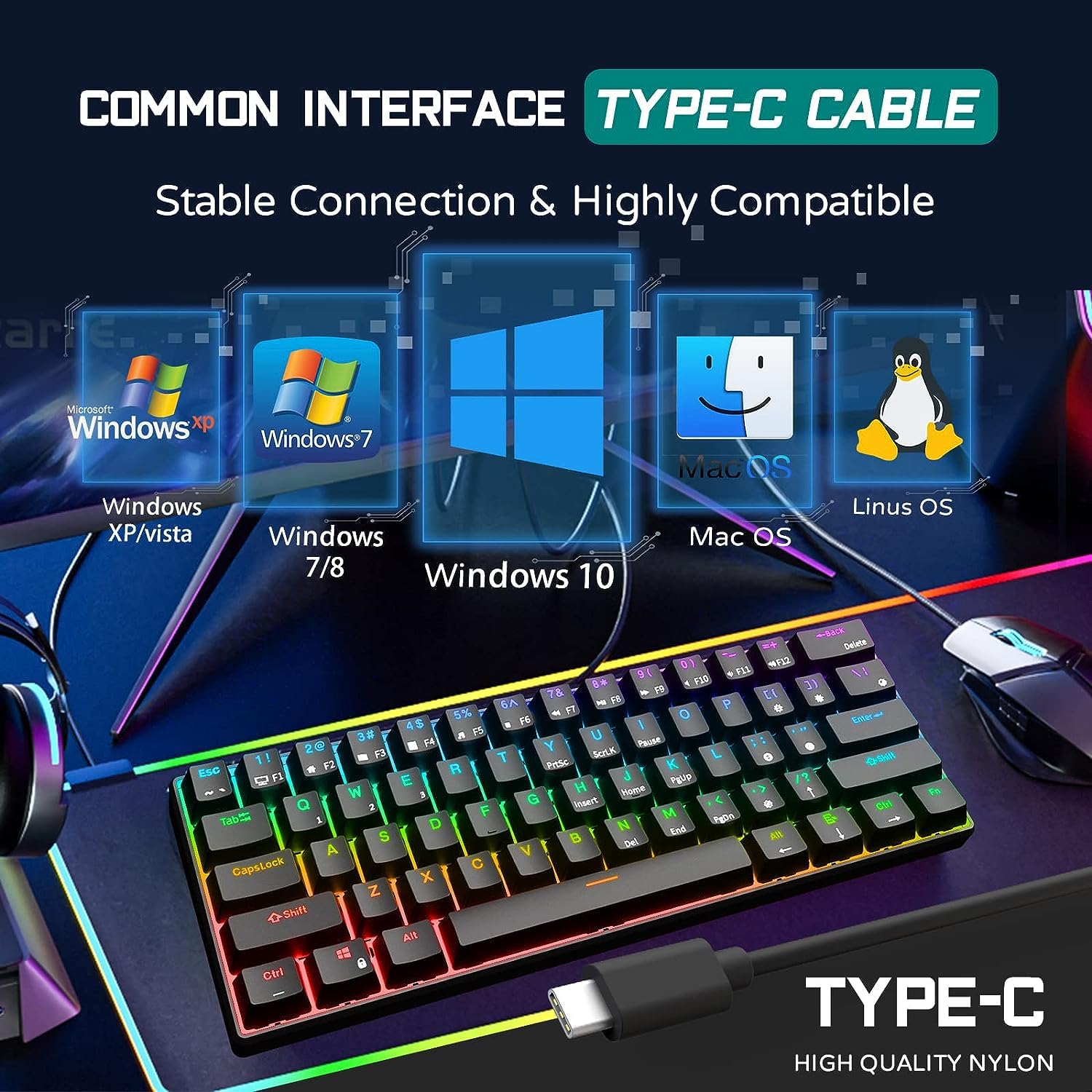 RK ROYAL KLUDGE RK61 Wired 60% Mechanical Gaming Keyboard Programmable QMK/VIA RGB Backlit 61 Keys Ultra-Compact Hot Swappable Red Switch Black