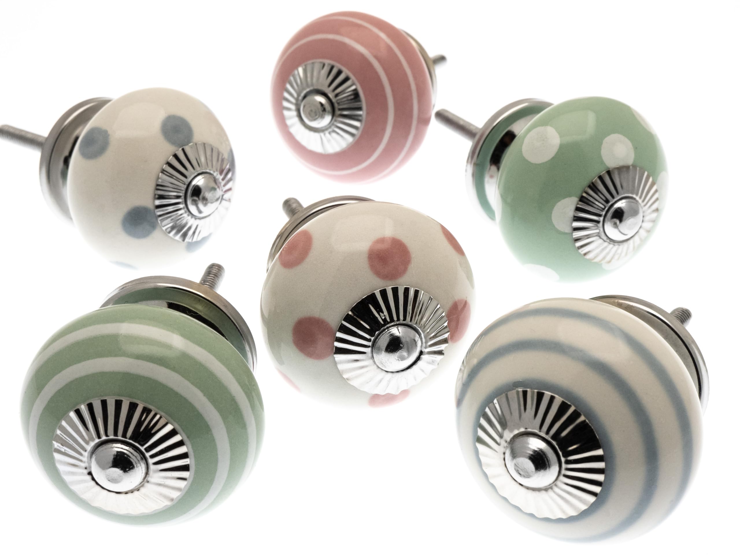 Mango Tree Cupboard Knobs - Decorative Light Mint Green, Pink and Grey with Dots, Spots and Stripes Ceramic Door and Drawer Handles – Vintage Home Décor Set of 6