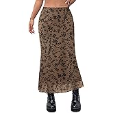 Avanova Women Floral Bohemian Mesh Midi Skirt High Waisted Mermaid Bodycon Long Skirts Brown Floral C X-Large