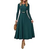 ZESICA Women's Long Sleeve Midi Sweater Dress 2026 Fall Crewneck Knit A Line Pleated Flowy Long Dresses with Belt