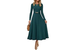 ZESICA Women's Long Sleeve Midi Sweater Dress 2026 Fall Crewneck Knit A Line Pleated Flowy Long Dresses with Belt