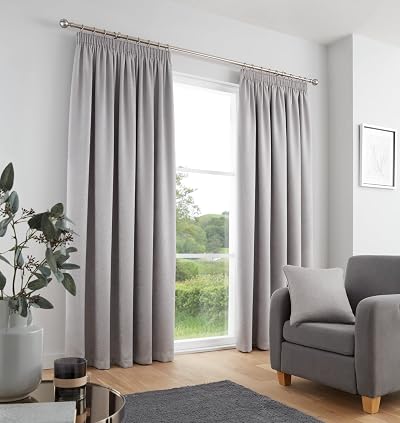 Fusion Silver Pencil Pleat Curtains 2 Panels 168x229cm 100% Cotton Thermal