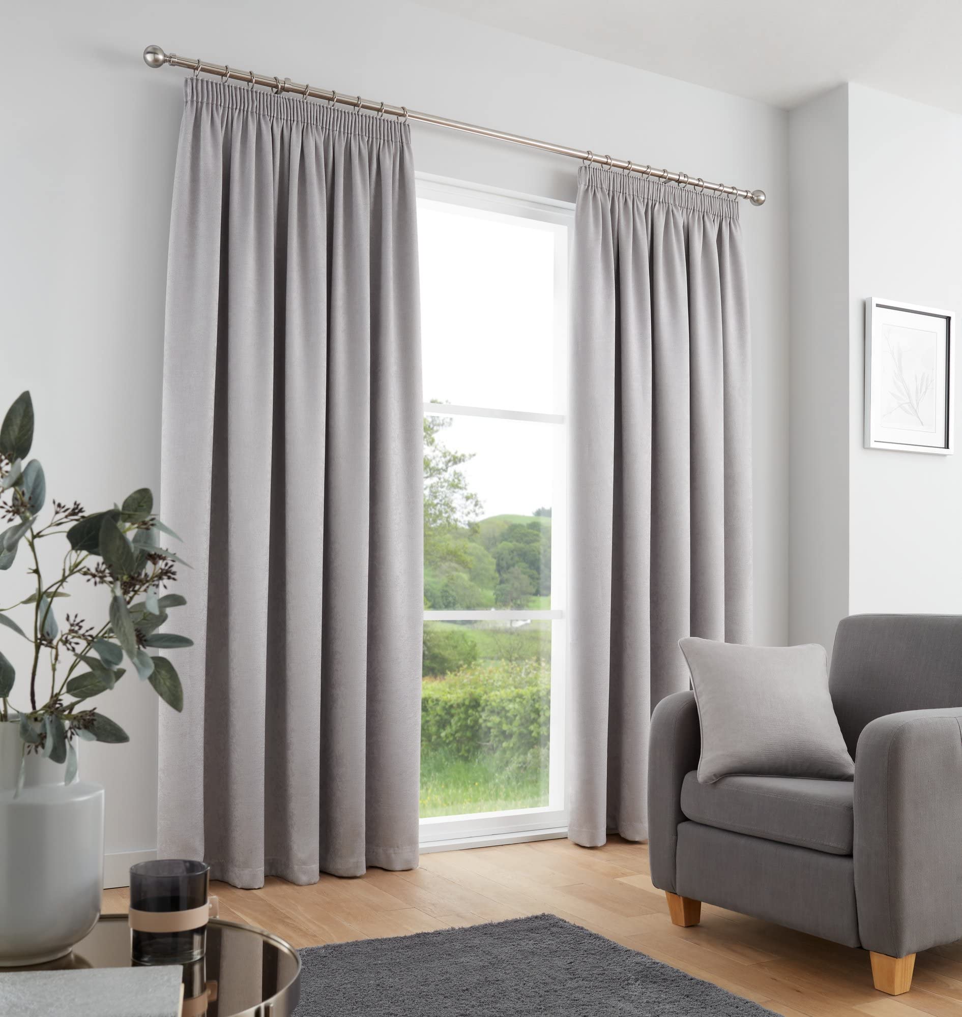 Fusion Silver Curtains W46 x L54" (117 x 137cm) – 100% Cotton Pencil Pleat – Thermal & Soundproof Bedroom Drapes – 2 Panels – Light Grey Window Treatment
