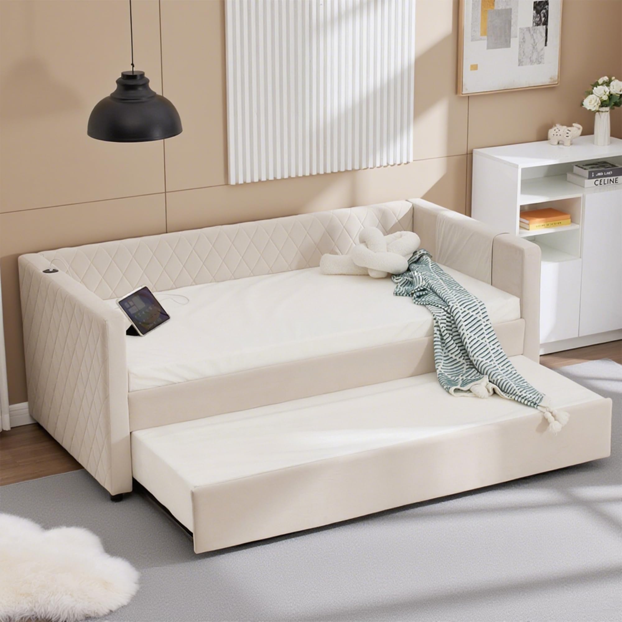 Photo 1 of Twin Size Velvet Daybed with Pop-up Trundle & USB Ports for Bedroom Guest Room, Diamond Grid Tufted Design Sofabed Frame with Storage Bags and Metal Legs, Space-Saving & No Box Spring Needed, Beige