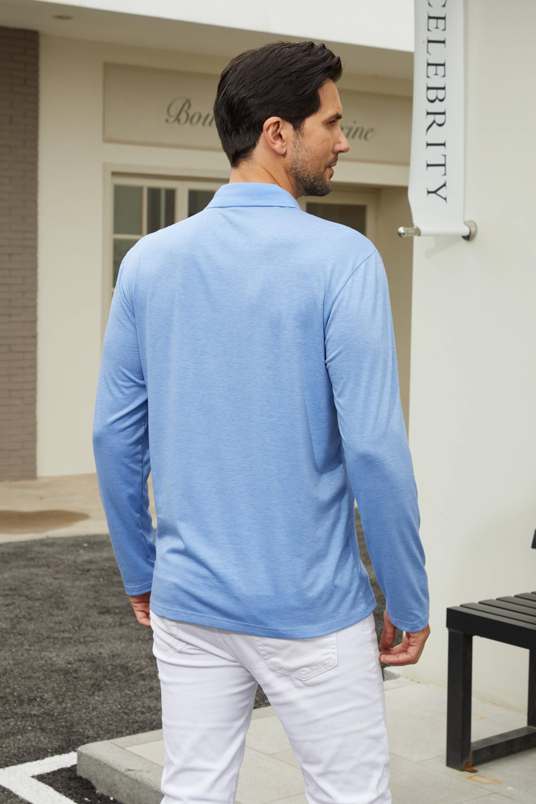 Men's Casual Polo Shirts Classic Button Basic Long Sleeve Shirt Solid Color Cotton Tees Stylish Tops