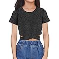 OYOANGLE Girl's Cute Crisscross Short Sleeve Cutout Solid Crop Top Tee T-Shirts