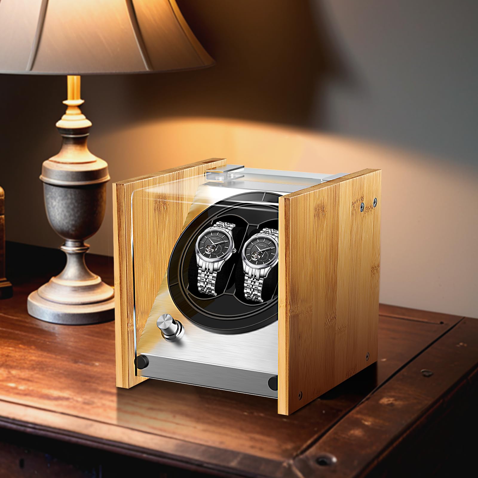 Watch Winder Smith Real Bamboo Double Watch Winders for Automatic Watches, Precision Engineered Quiet 4 Modes Rotation and Dual Power Flexibility​ AC/DC