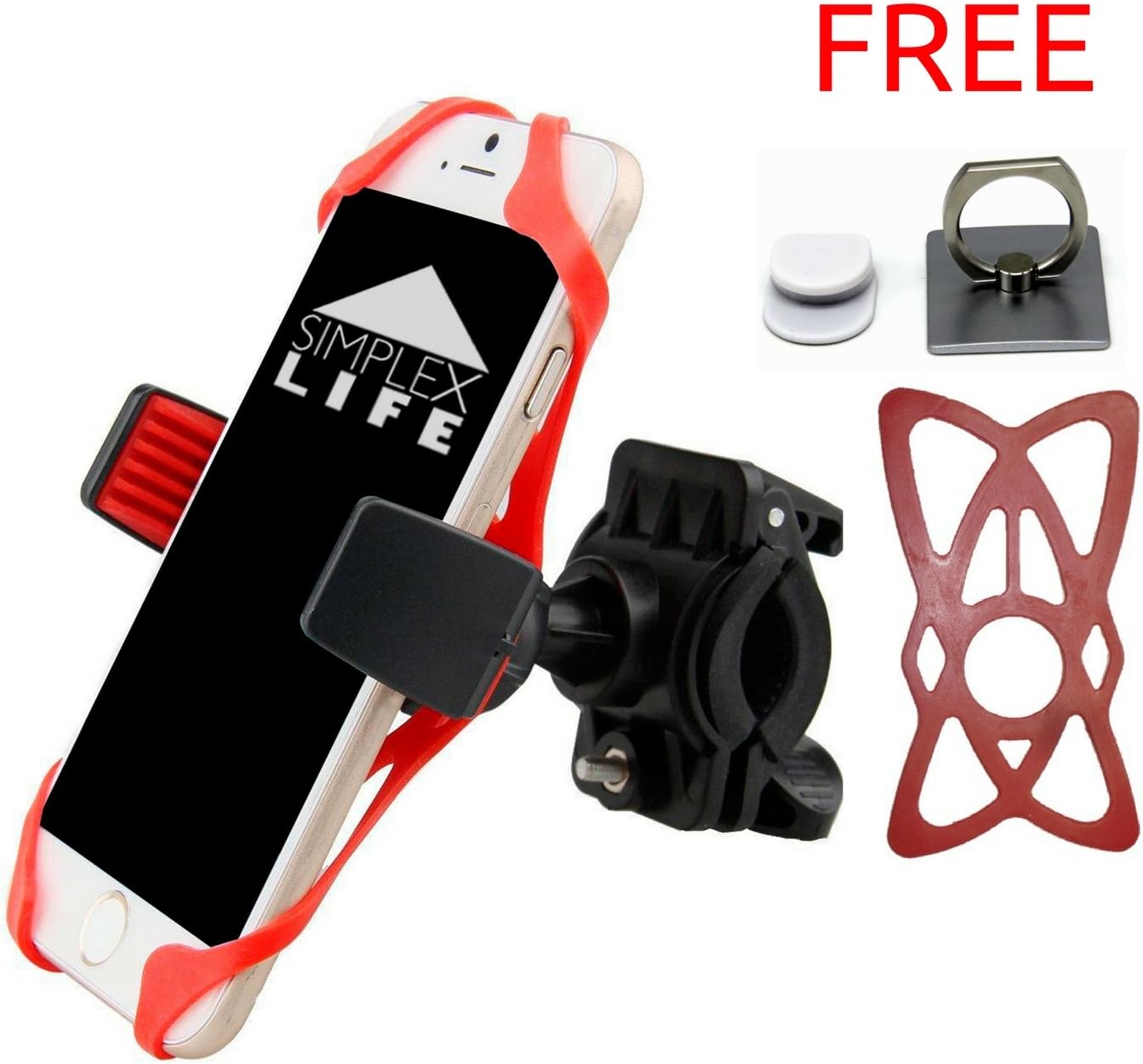 Best Bike Mount / Phone Holder 360-degree rotation / Handlebar Phone Mount Fits Smartphones Android Up to 4" Wide - Plus 2 Bonus Gifts: A Ring Phone Holder and Extra Silicone Band.