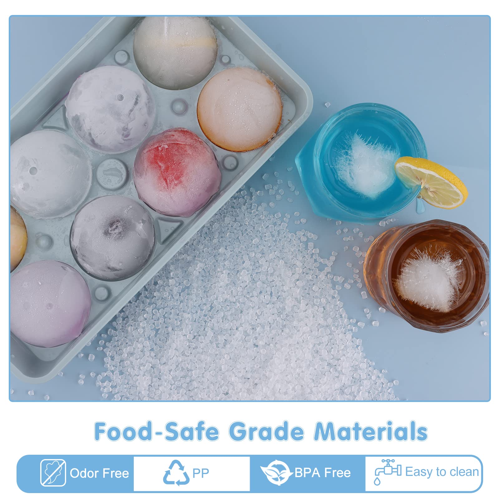 WIBIMEN Large Ice Cube Molds, Big Round Whiskey Ice Cube Trays for Freezer, Easy to Fill & Release, Whiskey Bourbon Cocktail(2.5In*8 Balls- Blue/2 Pack)