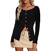 AGECODE Womens Ribbed Knit Button Up T-Shirts Long Sleeve Tie Back Y2K Going Out Tops Blouses Dressy Casual