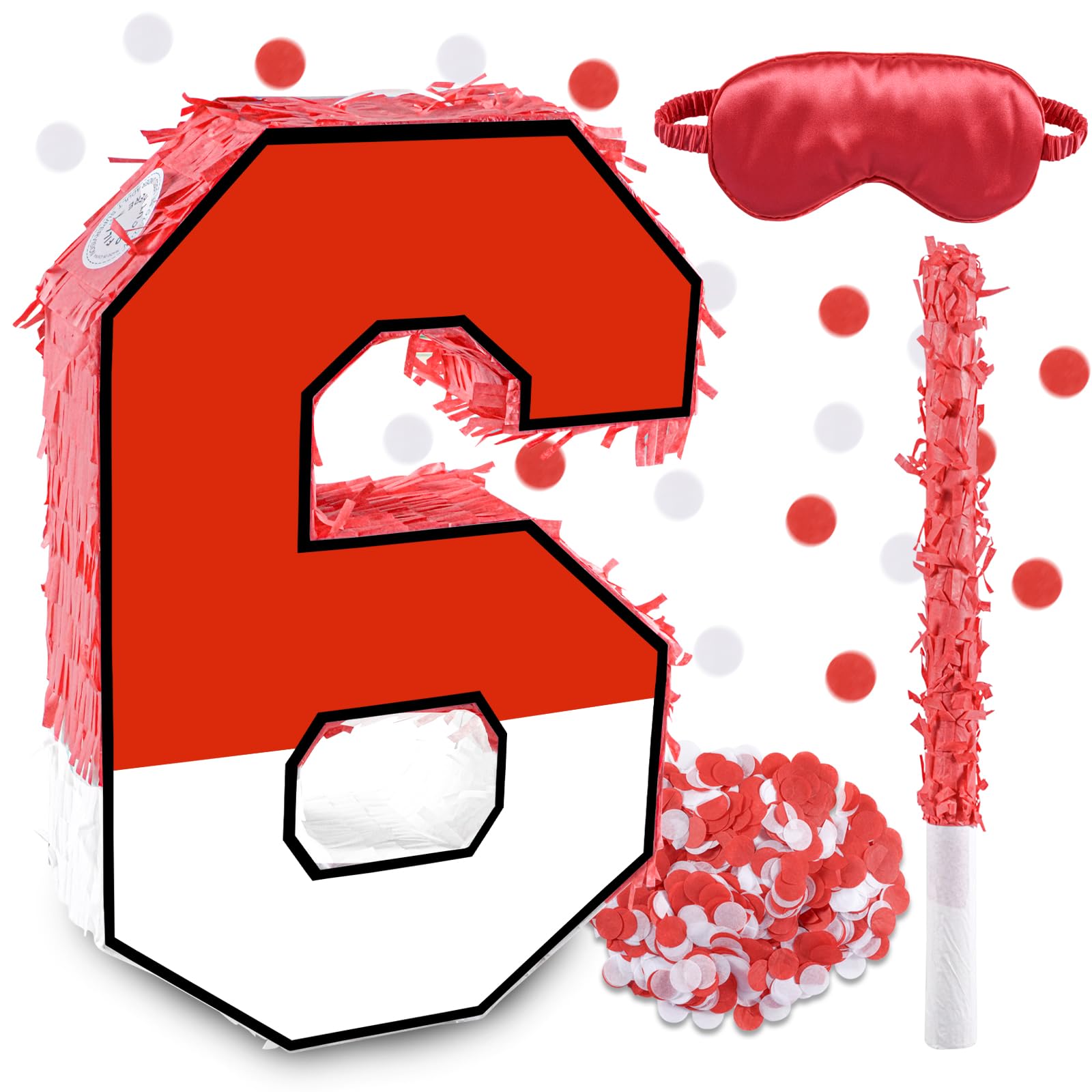 Photo 1 of 16 Inch Red and White Number 6 Pinata, Birthday Pinata with 16 Inch Piñata Stick Blindfold Confetti for Kids 6th Birthday Party Decorations