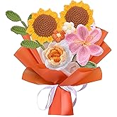 QUELIEN Crochet Flower Bouquet, Handmade Knitted Tulips & Roses Gifts for Women, Mom, Wife – 7Pcs Yarn Flowers Arrangement for Wedding, Anniversary, Home Decor (Orange)