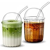 Layhit 2 Pcs Glass Cups with Dome Lid and Straw 15 oz Iced Glass Matcha Cup Aesthetic Coffee Cup Cute Drinking Glassware for Juice, Beverage, Milk, Bubble Tea, Cocktails