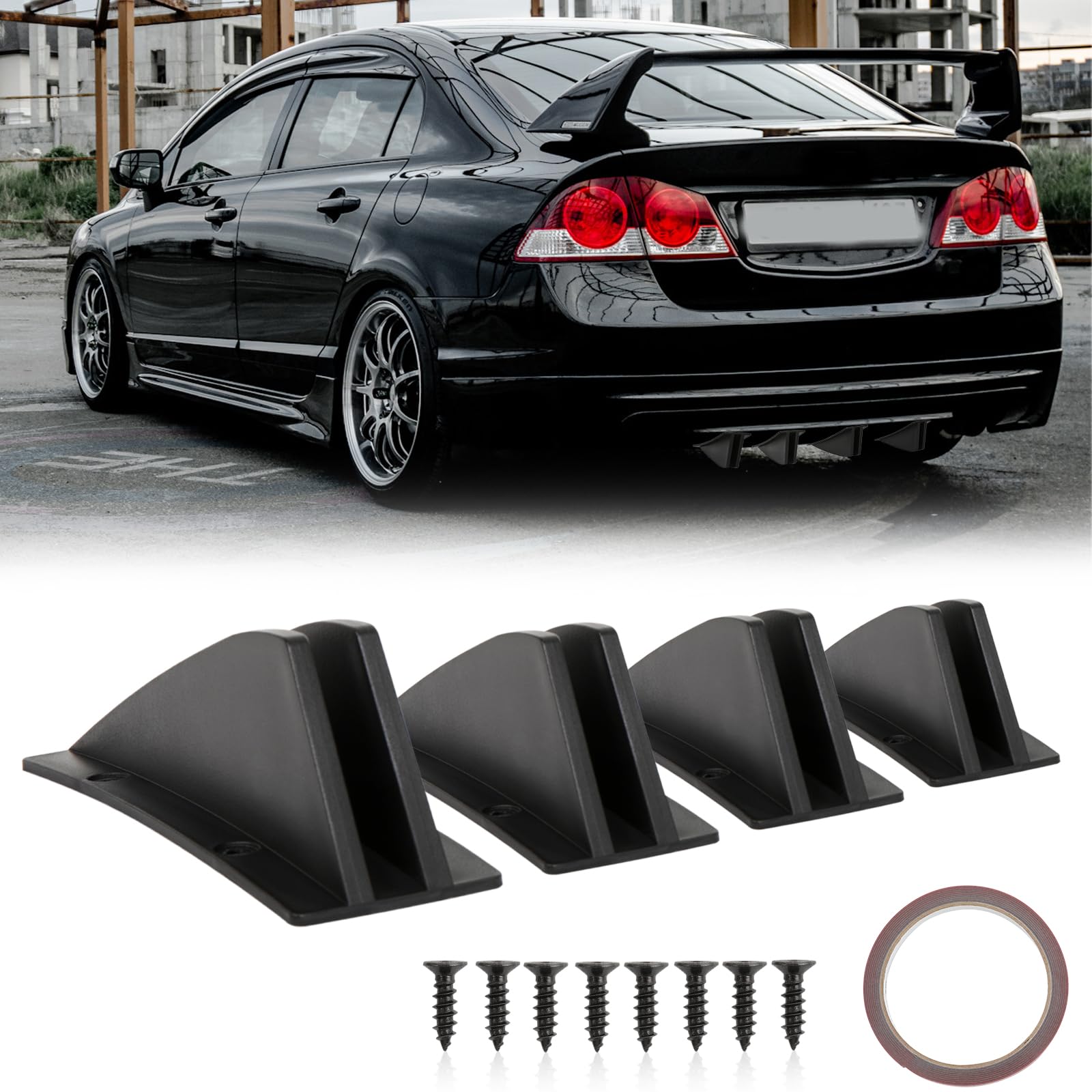 Photo 1 of JMTBNO 4pcs Black Curved Shape Rear Bumper Diffuser Universal Shark Fin Spoiler Trim Covers Decoration Set Lip Wing Splitter