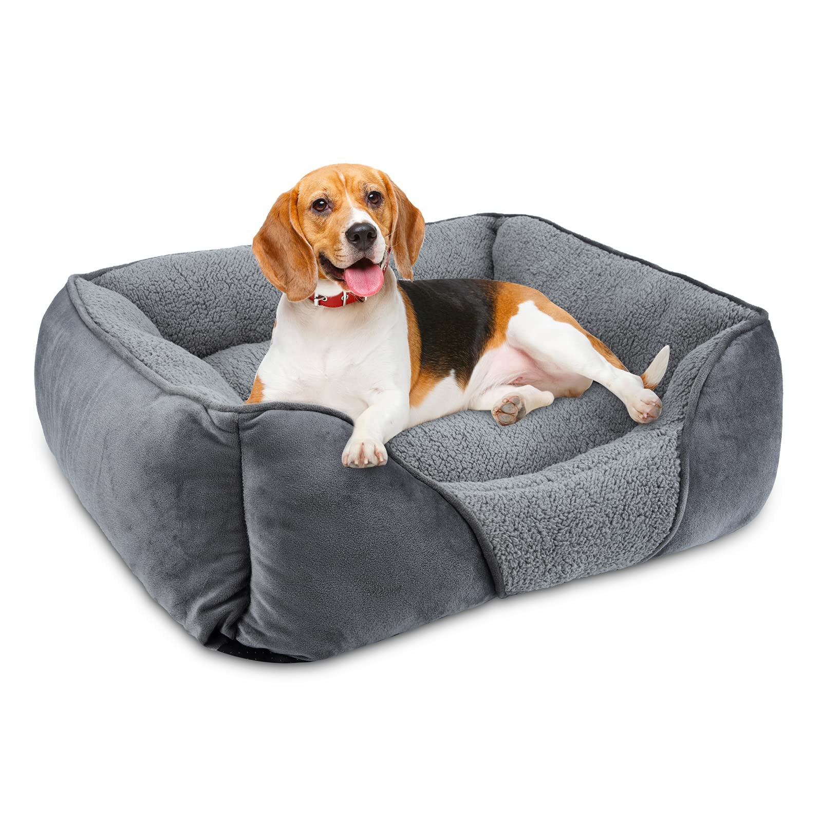 MIXJOY Dog Bed Medium, Super Soft Rectangle Orthopedic Pet Bed with Anti-Slip Base, Anti-Anxiety, Washable Durable Calming Bed for Teddy, Corgi, Chihuahua, Grey, 63x53x20cm