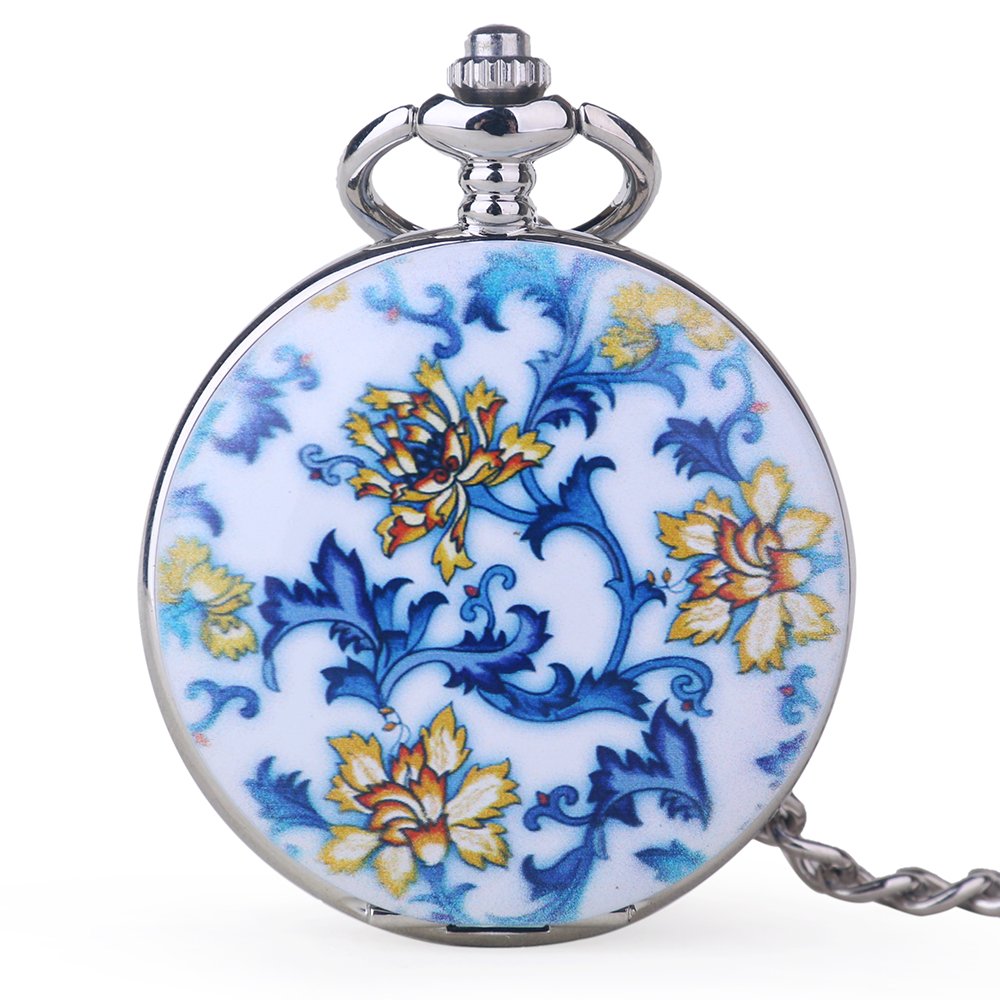 Tiong Creative Blue and White Porcelain Retro Pocket Watch Boutique Unisex Roman Numberals Mechanical Pocket Watch with Chain