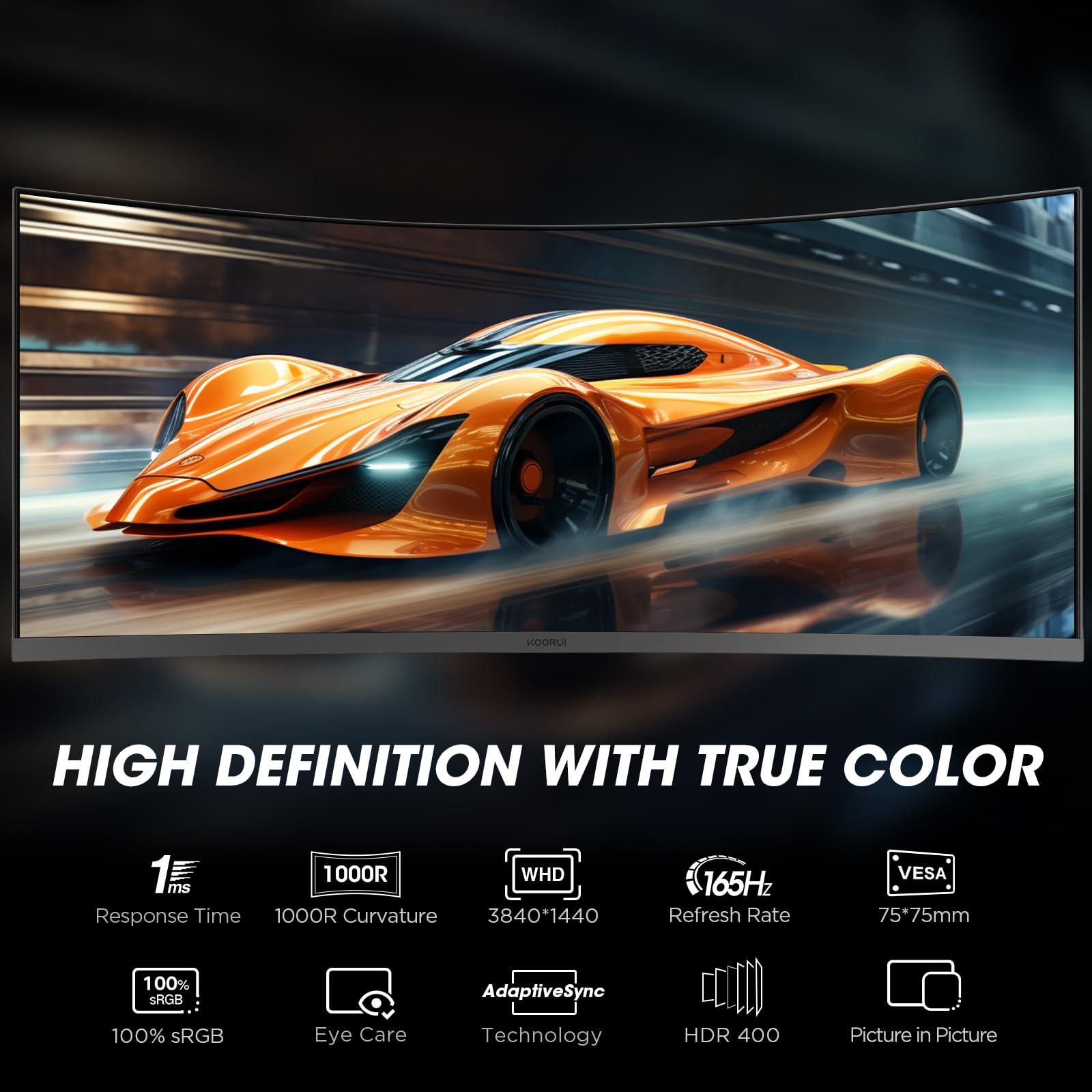 KOORUI 34E6UC 34 Zoll Ultrawide Curved Gaming Monitor, PC Bildschirm 200Hz, 1MS HDR 400, 1000R, UWQHD 3440x1440, Adaptive Sync, 2xHDMI & Display Port, VESA 75x75mm, DCI-P3 90% Höhenverstellbar 3
