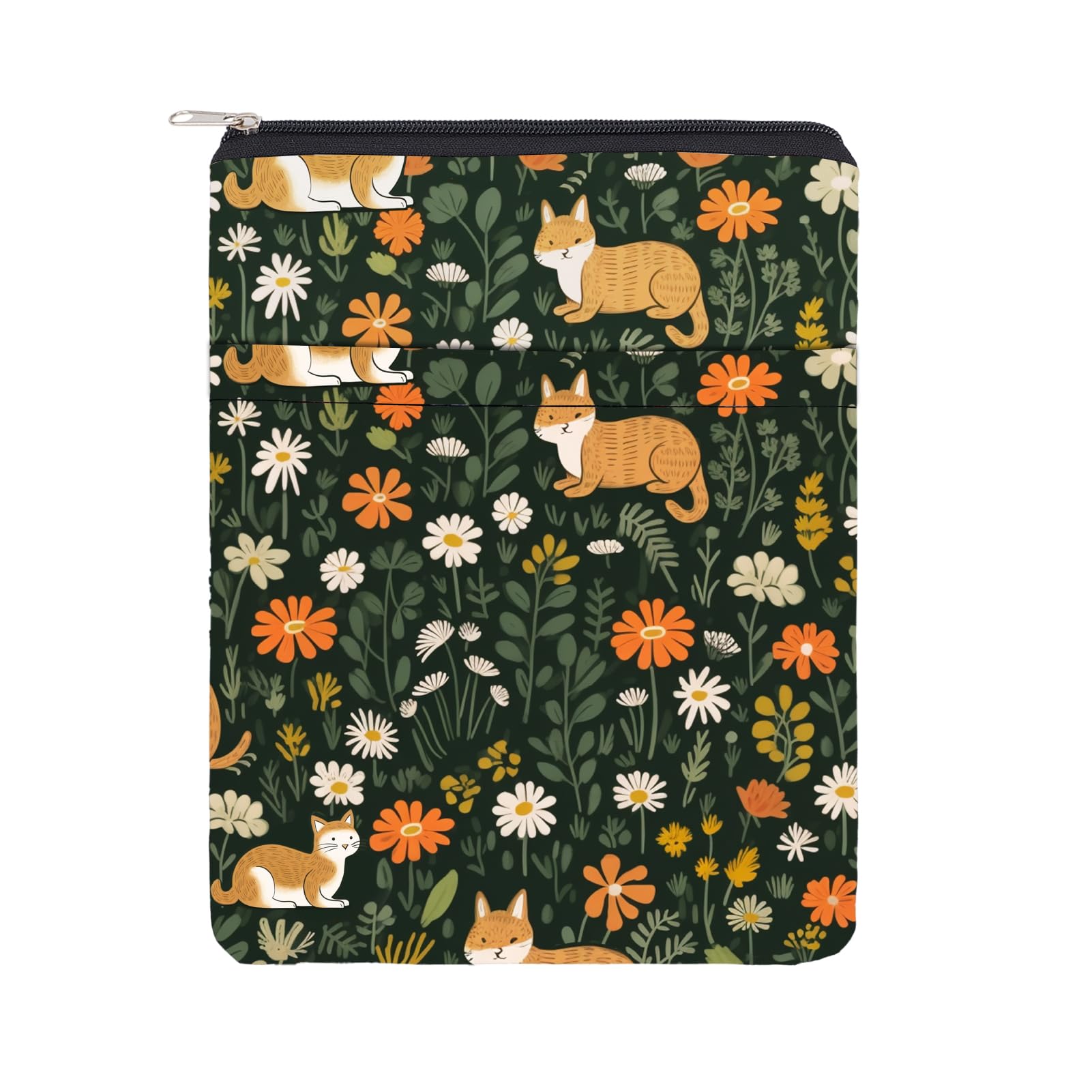 NICENEEDED Cat Flower Book Protector with Zipper, Medium Book Carriers Waterproof Front Pocket Book Covers, Washable Book Sleeves for Notebooks Hardcover and Paperback