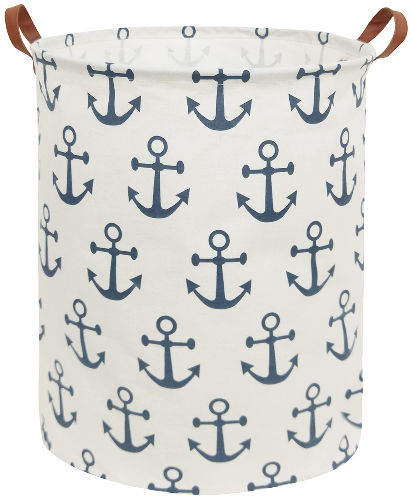 Photo 1 of HIYAGON Canvas Storage Basket,Large Laundry Hamper with Handles-Collapsible Storage Bin for Kids Room,Nersury Hamper,Toy Storage 19.7×15.7 (Blue Anchor)