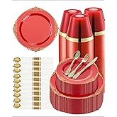 Goodluck 350 Piece Red Dinnerware Set for 50 Guests, Fancy Disposable Plates, Include: 100 Red Rim Plastic Plates, 150 Silverwares, 50 Pre Rolled Napkins, 50 Cups for Party, Wedding