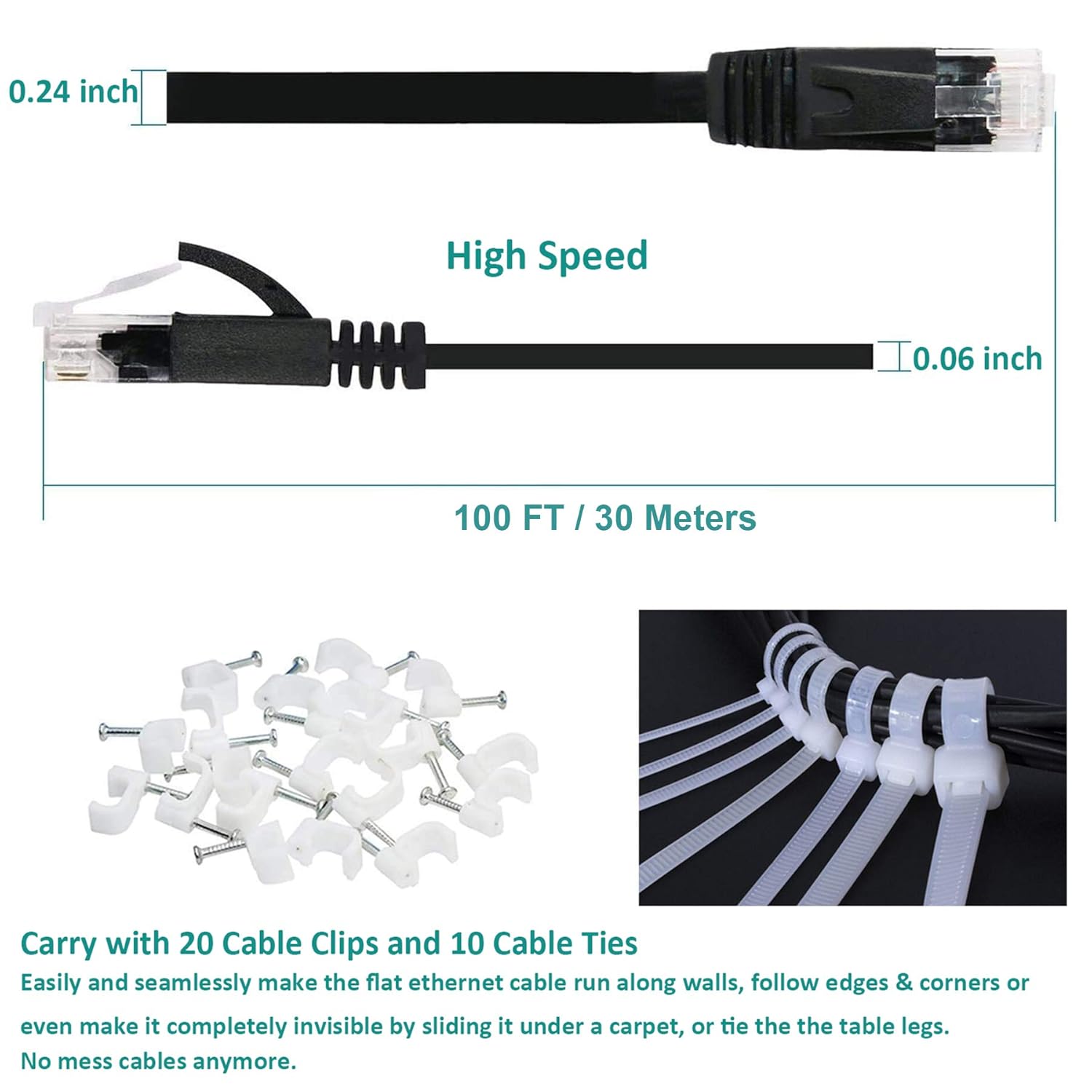 Cat 6 Ethernet Cable 100 ft Flat Cable Ethernet Cord, Slim Long Cat6 High Speed Computer Network LAN Patch Cord Wire with Clips & Rj45 for Router, Faster Than Cat5e/Cat5, 100 feet 2 pack White + Black: Industrial & Scientific