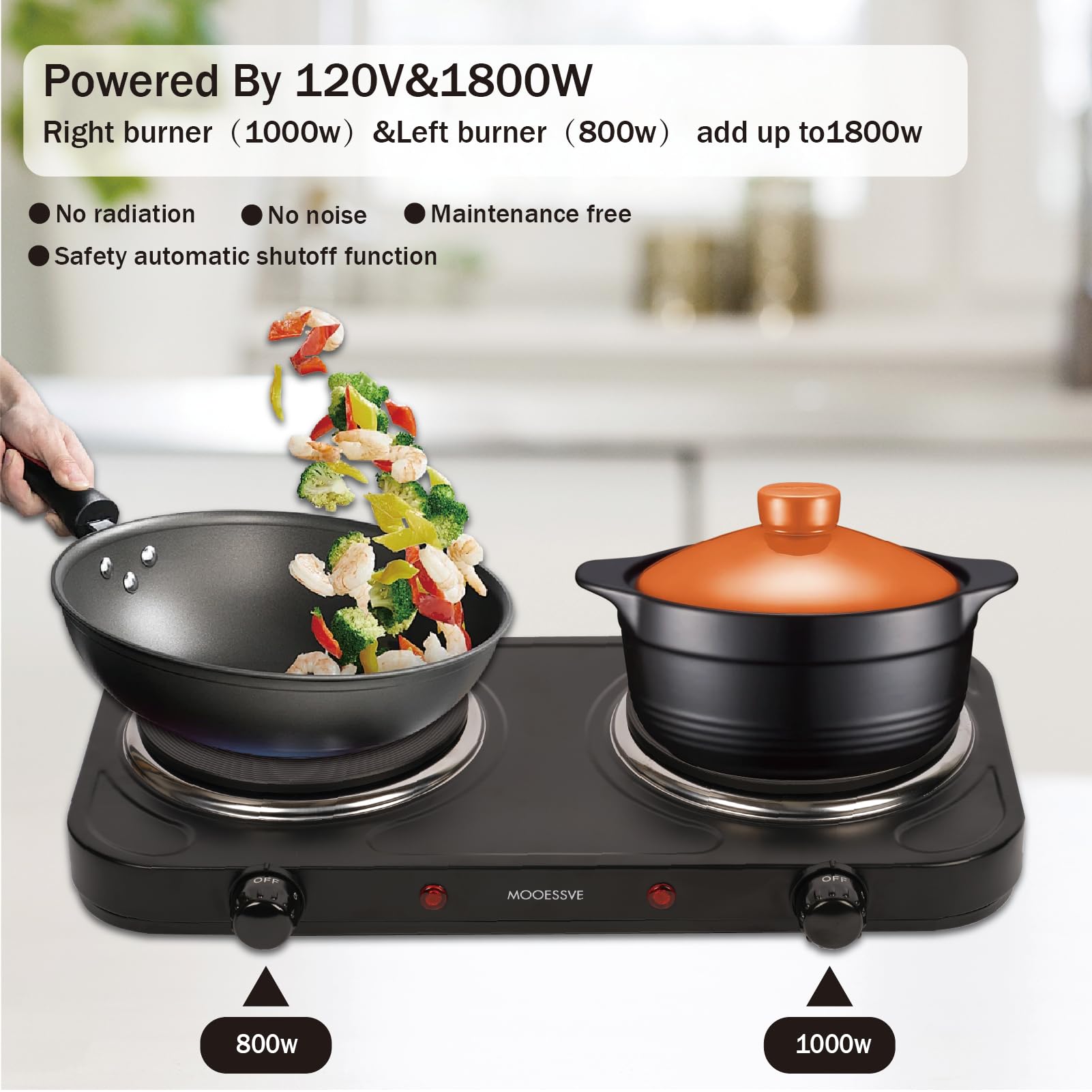 Countertop Double Cast Iron Burner 1800 Watts Electric Hot Plate with Adjustable Temperature 6.1