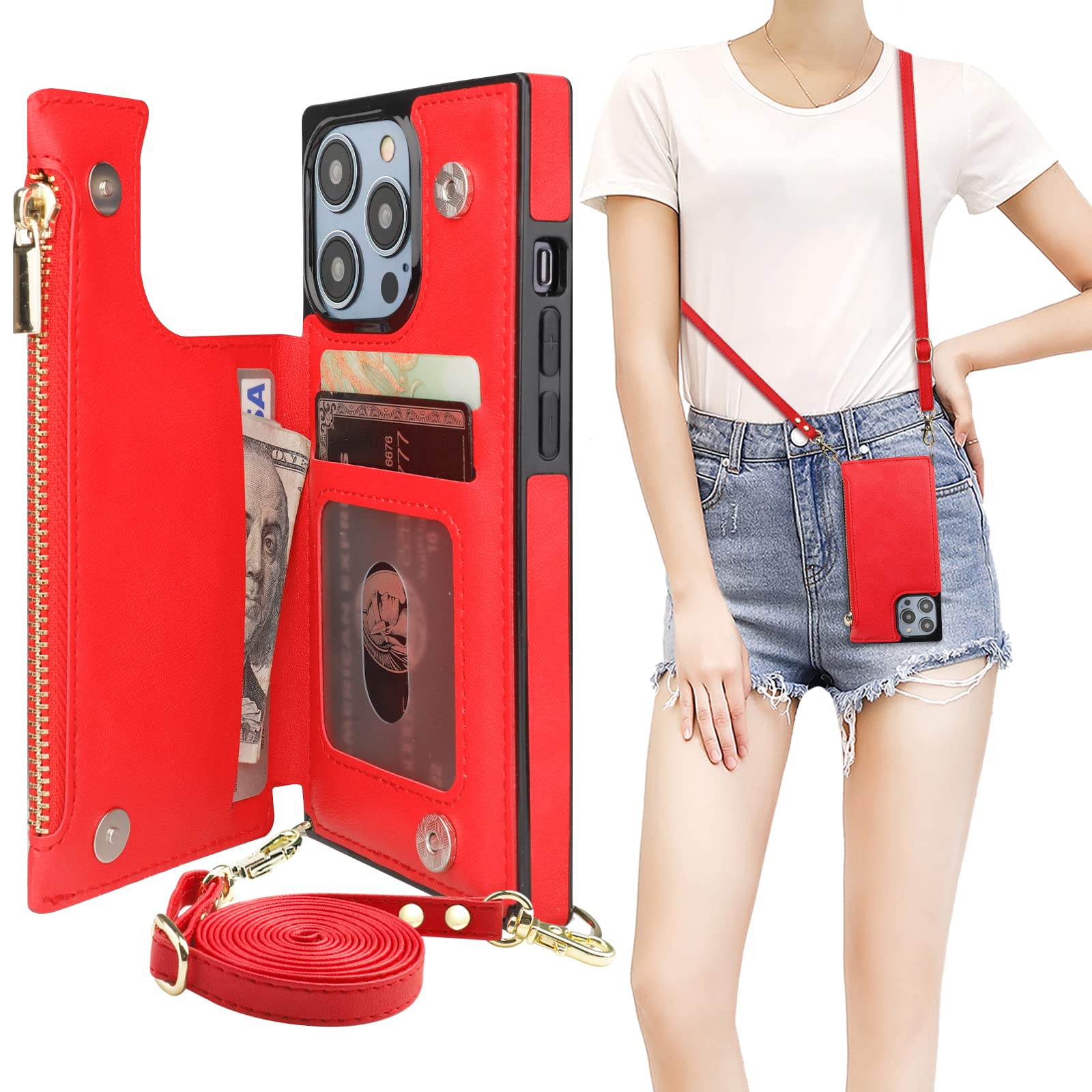 Photo 1 of Bocasal Crossbody Wallet Case for iPhone 14 Pro with RFID Blocking Card Slot Holder, Magnetic Flip Folio Purse Case, PU Leather Zipper Handbag with Detachable Lanyard Strap 6.1 Inch 5G (Red)