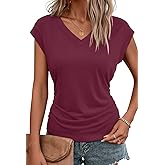 Bliwov Womens Summer Tops Business Casual Cap Sleeve V Neck T Shirts Trendy Outfits Beach Vacation Clothes Fashion Blouses