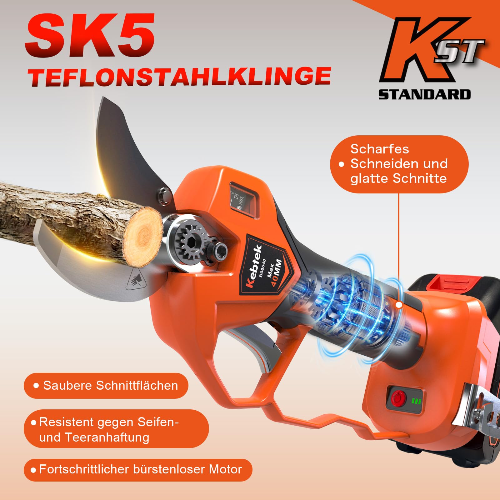 Kebtek B06640 Elektrische Gartenschere mit Akku progressive Schnittfunktion, Max 40mm profi kabellose astschere mit 4000mAh Akku, kompatibel mit Makita 18V Akkus, tragbares Gartengerät 7