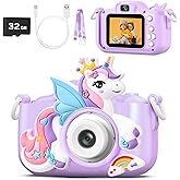 Kids Camera Toys for 3-8 Year Old Boys & Girls, 1080P HD Digital Video Toddler Camera with 32GB SD Card & Selfie Mode, Shockproof Cover Christmas Birthday Gifts for Age 3 4 5 6 7 8, Purple