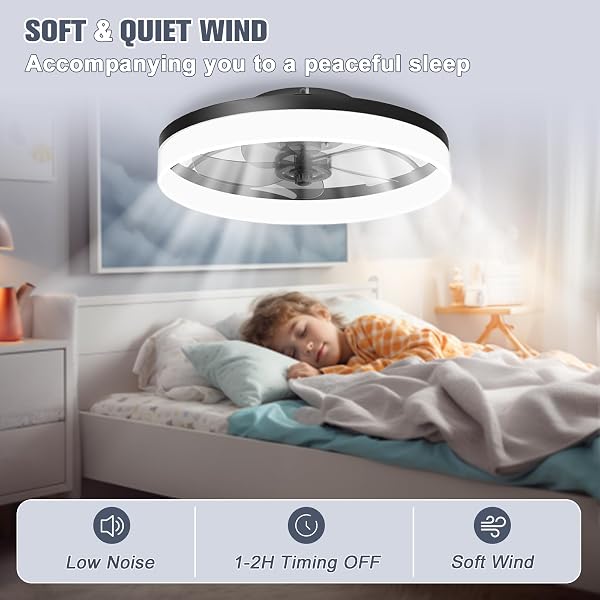 VOLISUN LOW PROFILE CEILING FANS WITH LIGHTS AND REMOTE, FANDELIER CEILING FAN FLUSH MOUNT, 3000K-6500K SMART BLADELESS LED FAN LIGHT, BLACK MODERN CEILING FANS WITH LIGHTS FOR BEDROOM