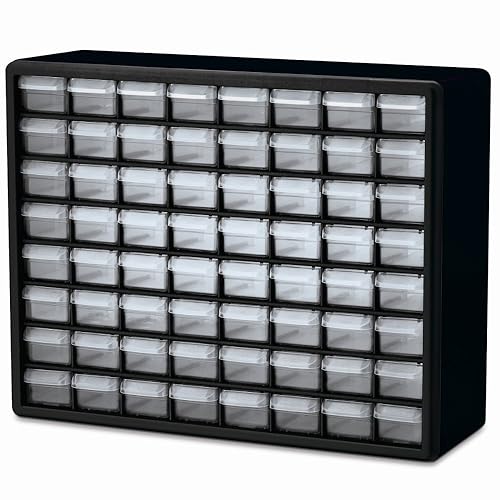 Akro-Mils 64-Drawer Plastic Drawer Storage Cabinet for Garage Organization, Bead Organizer, Building Bricks Storage, Teacher Toolbox, Makeup Organizer, 20-Inch W x 6-Inch D x 16-Inch H, 10764 Black