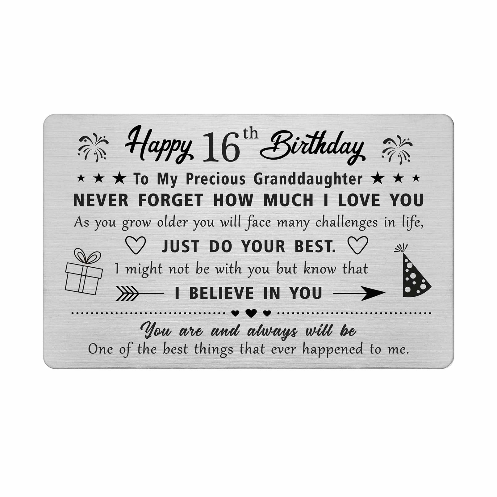 FALOGI Granddaughter 16th Birthday Cards - Happy 16 Year Old Birthday Card for Granddaughter - Birthday Gifts for 16 Year Old Granddaughter, Metal Engraved Wallet Card