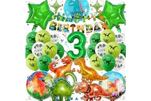 Dinosaur 3rd Birthday Party Decorations for Boys Girls, Foil Green Star Number 3 Dinosaur Balloons with Happy Birthday Banner