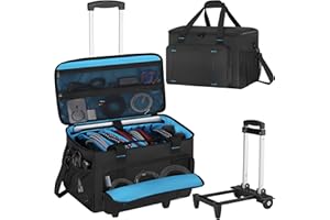 ALEEMIN Rolling DJ Cable File Bag, DJ Gig Bag Padded Case with Detachable Trolley & Dividers, Cable Organizer with Multi-pocket & Compartment for 15.6'' Laptop, DJ Gear, Musical Instrument, Sound Equipment