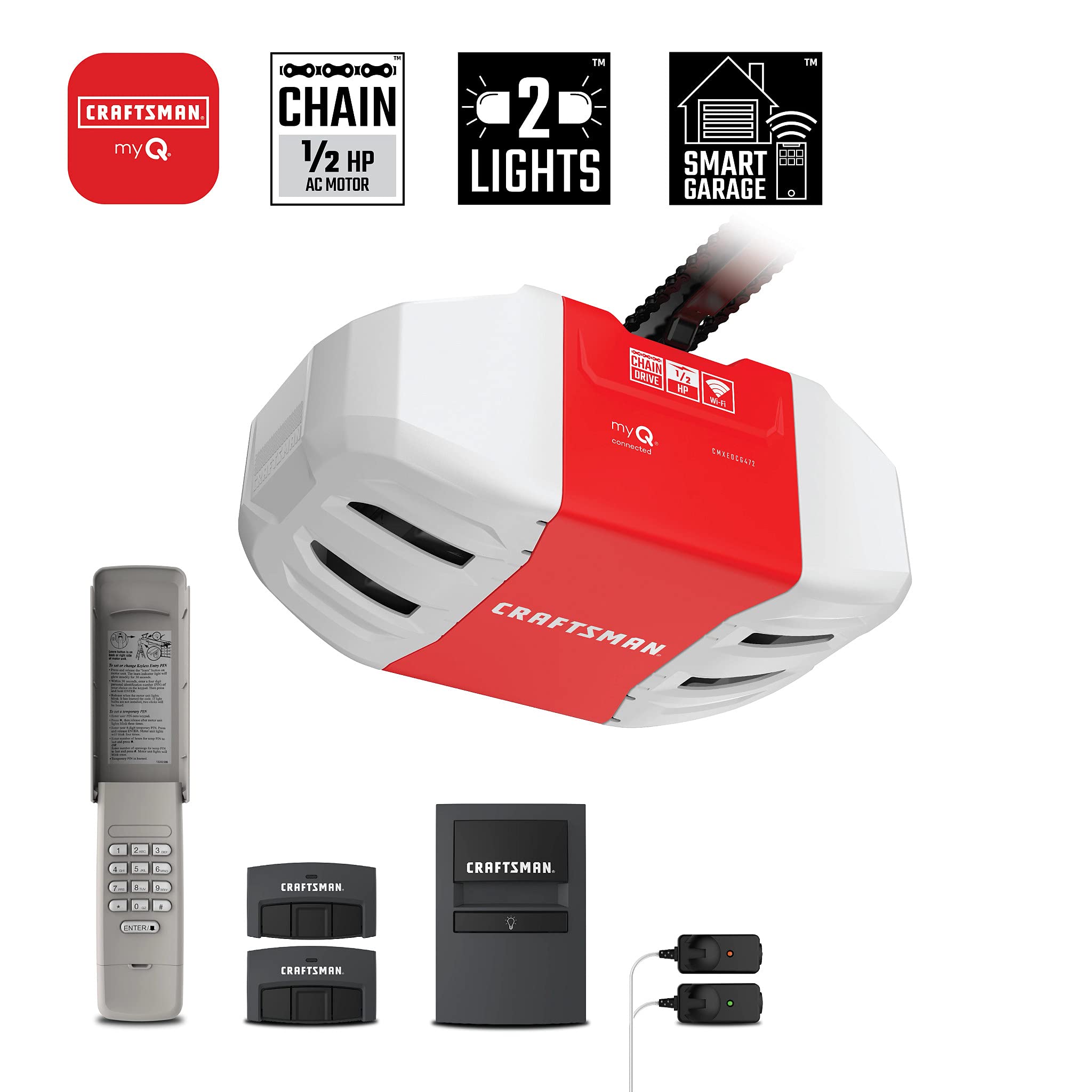 CRAFTSMAN 1/2 HP Smart Garage Door Opener - myQ Smartphone Controlled - Chain Drive, Wireless Keypad Included, Model CMXEOCG472, Red - View 3