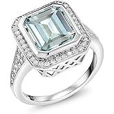 Gem Stone King 5.00 Cttw Simulated Aquamarine Ring For Women | 925 Sterling Silver | Emerald Cut 11X9MM | Wedding Engagement Anniversary Promise Ring For Women | Size 9