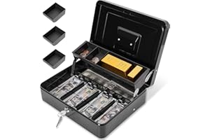 Polspag Cash Box with Lock and 2 Keys, Large Cash Boxes, Metal Money Box with Cash Tray, Lock Safe Box, Portable Cash Lock Box,4 Bill/5 Coin Slots, 11.8L x 9.5W x 3.5H Inches (Key-Black)